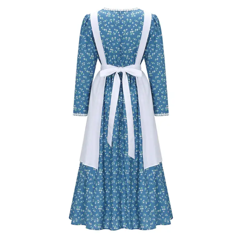 Women's Colonial Pioneer Girl Fancy Dress With Hat Apron Women Village Farm Prairie Maiden Maid Halloween Cosplay Costumes 5 Colors Takerlama