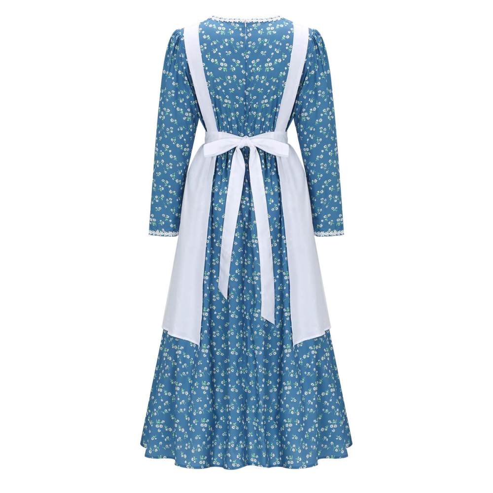Women's Colonial Pioneer Girl Fancy Dress With Hat Apron Women Village Farm Prairie Maiden Maid Halloween Cosplay Costumes 5 Colors Takerlama