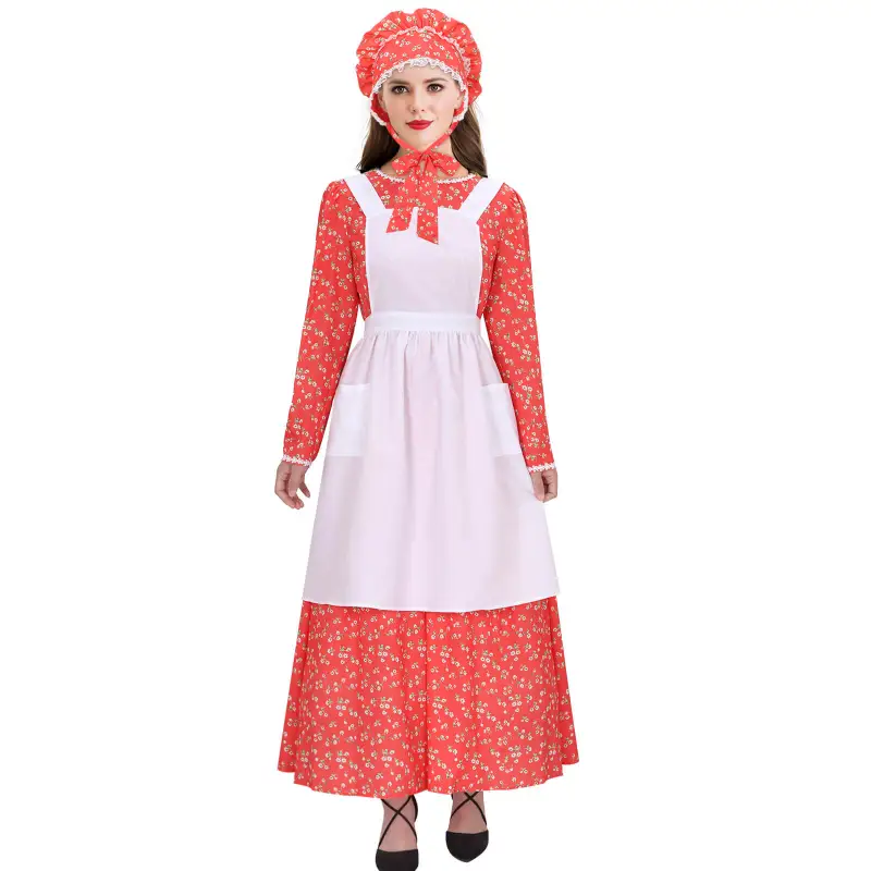 Adult Colonial Pioneer Girl Fancy Dress With Hat Apron Women Village Farm Prairie Maiden Maid Halloween Cosplay Costumes 5 Colors Takerlama
