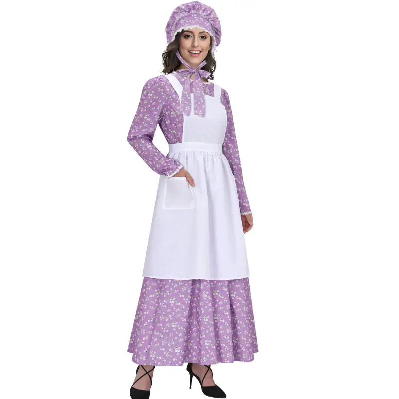 Women's Colonial Pioneer Girl Fancy Dress With Hat Apron Women Village Farm Prairie Maiden Maid Halloween Cosplay Costumes 5 Colors Takerlama