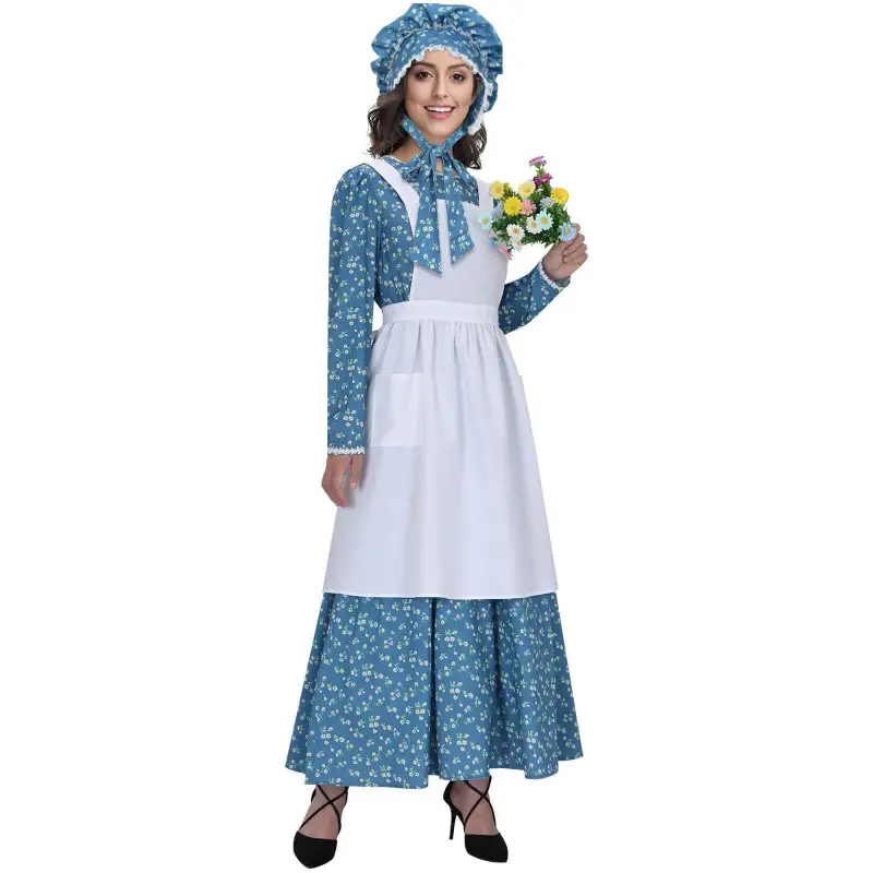 Adult Colonial Pioneer Girl Fancy Dress With Hat Apron Women Village Farm Prairie Maiden Maid Halloween Cosplay Costumes 5 Colors Takerlama