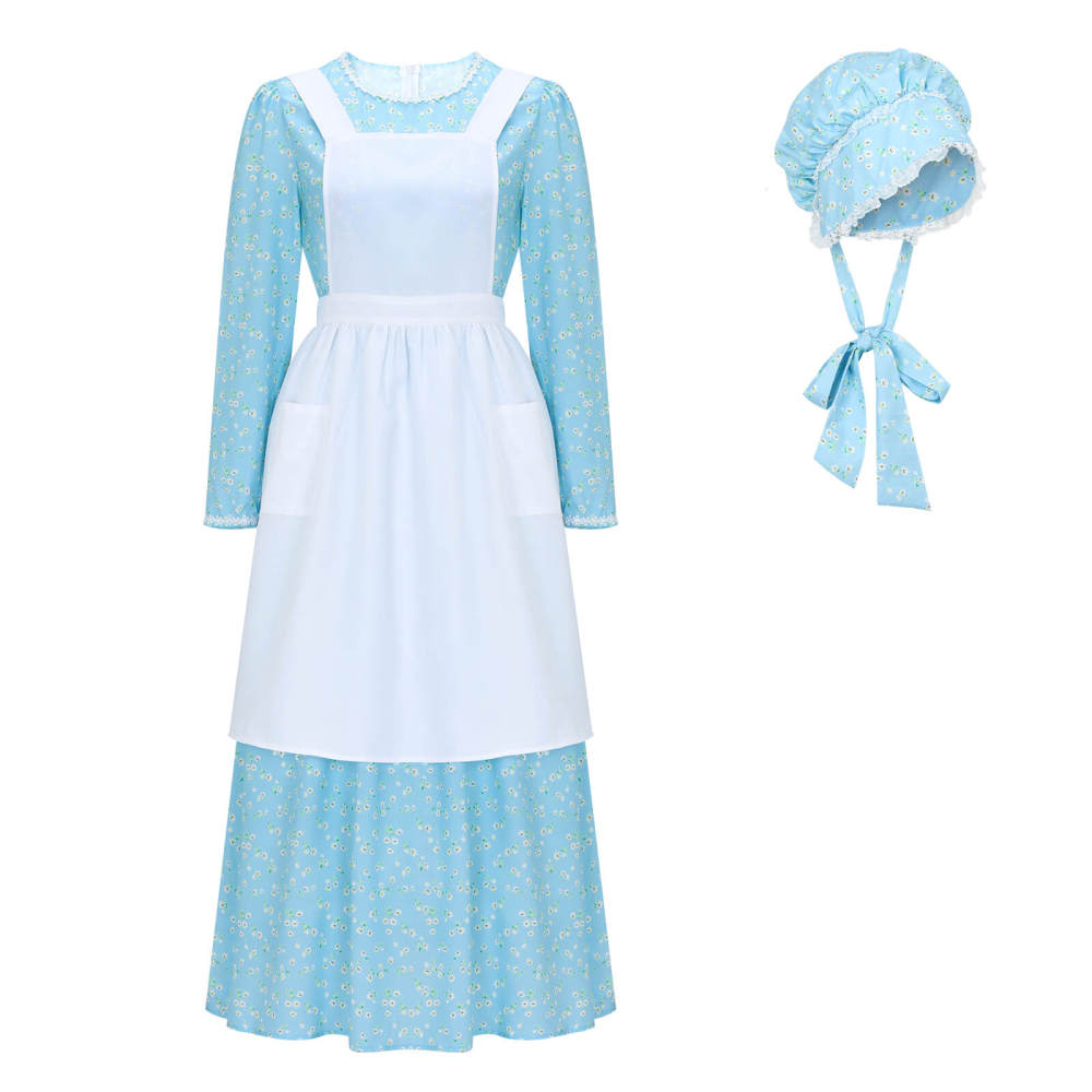 Women's Colonial Pioneer Girl Fancy Dress With Hat Apron Women Village Farm Prairie Maiden Maid Halloween Cosplay Costumes 5 Colors Takerlama