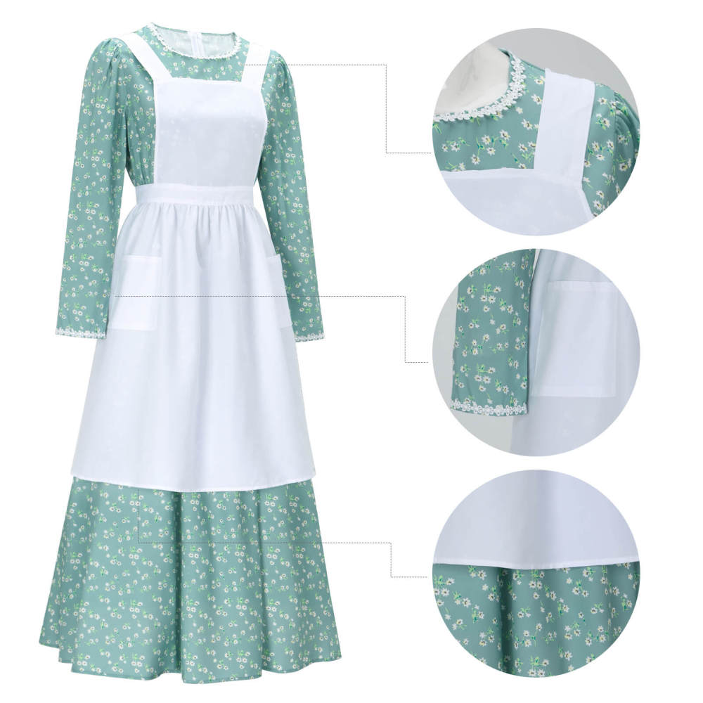 Adult Colonial Pioneer Girl Fancy Dress With Hat Apron Women Village Farm Prairie Maiden Maid Halloween Cosplay Costumes 5 Colors Takerlama