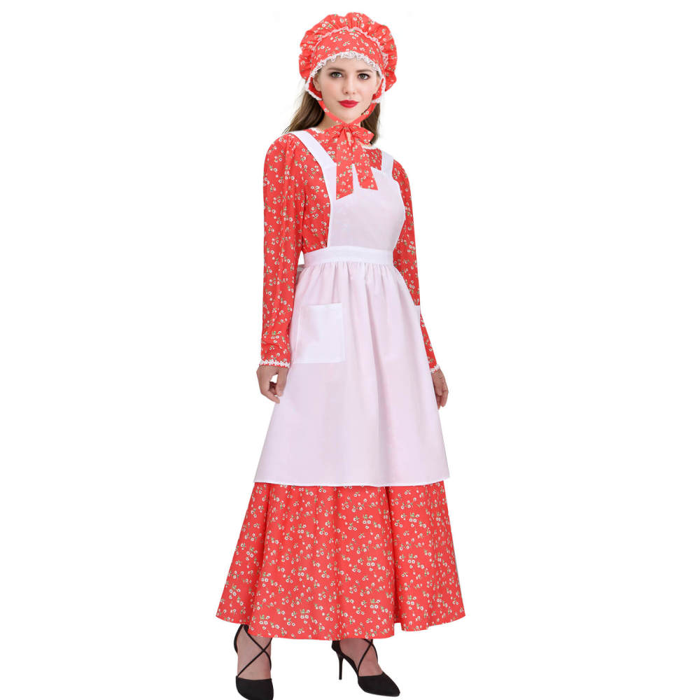 Women's Colonial Pioneer Girl Fancy Dress With Hat Apron Women Village Farm Prairie Maiden Maid Halloween Cosplay Costumes 5 Colors Takerlama