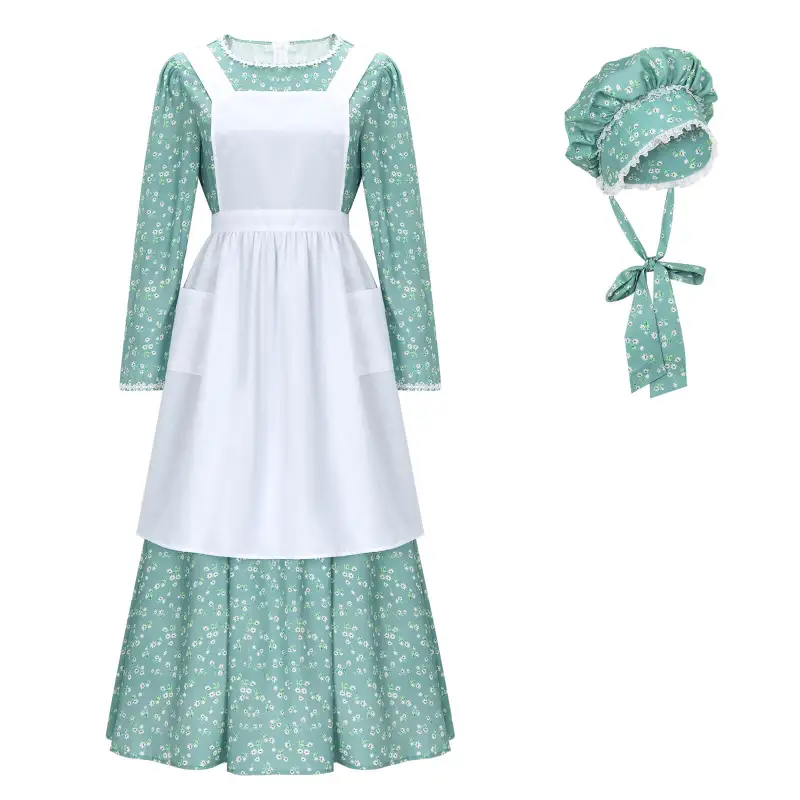 Adult Colonial Pioneer Girl Fancy Dress With Hat Apron Women Village Farm Prairie Maiden Maid Halloween Cosplay Costumes 5 Colors Takerlama