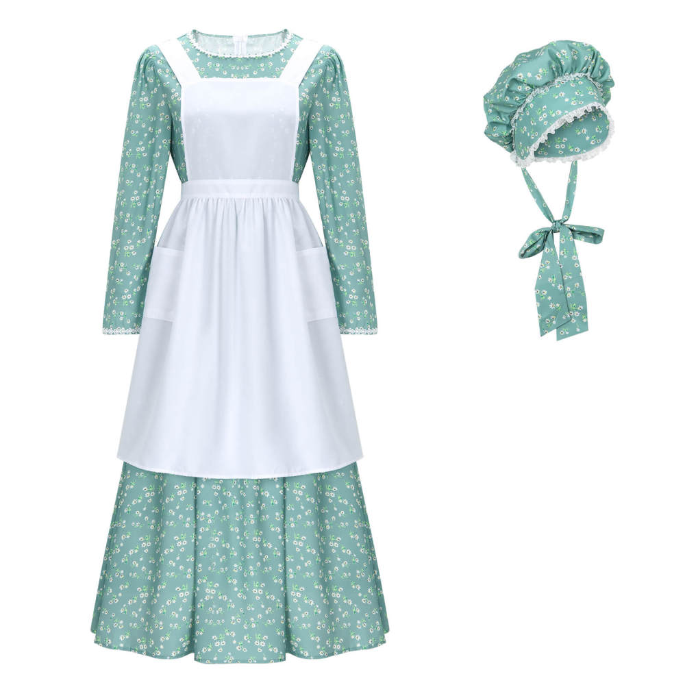 Adult Colonial Pioneer Girl Fancy Dress With Hat Apron Women Village Farm Prairie Maiden Maid Halloween Cosplay Costumes 5 Colors Takerlama