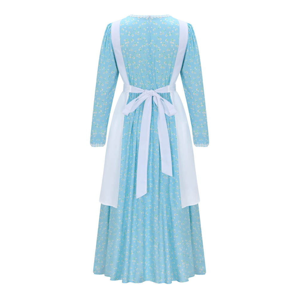 Women's Colonial Pioneer Girl Fancy Dress With Hat Apron Women Village Farm Prairie Maiden Maid Halloween Cosplay Costumes 5 Colors Takerlama