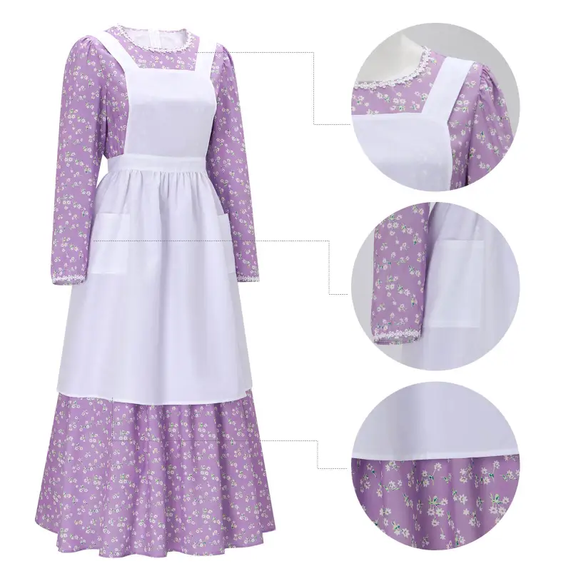 Women's Colonial Pioneer Girl Fancy Dress With Hat Apron Women Village Farm Prairie Maiden Maid Halloween Cosplay Costumes 5 Colors Takerlama