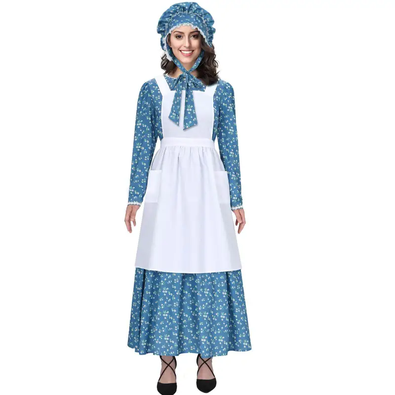 Adult Colonial Pioneer Girl Fancy Dress With Hat Apron Women Village Farm Prairie Maiden Maid Halloween Cosplay Costumes 5 Colors Takerlama