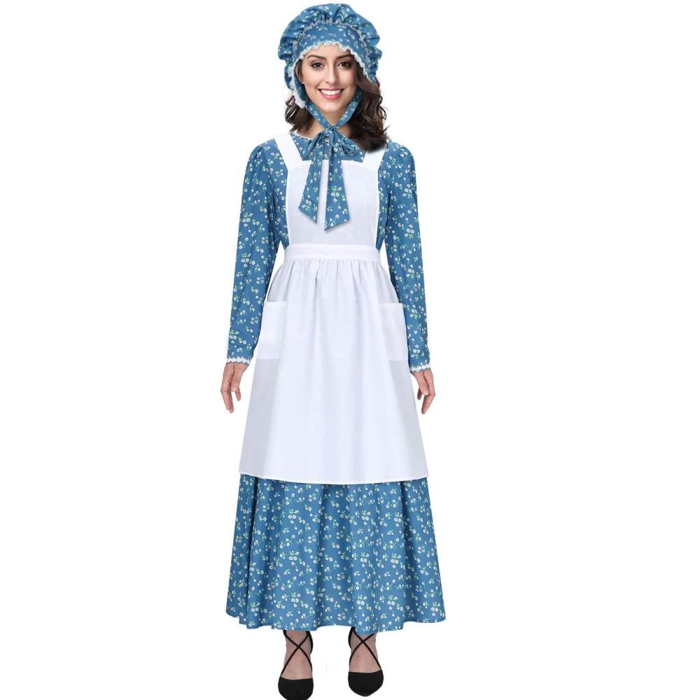 Adult Colonial Pioneer Girl Fancy Dress With Hat Apron Women Village Farm Prairie Maiden Maid Halloween Cosplay Costumes 5 Colors Takerlama