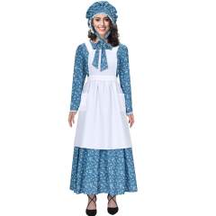 Women's Colonial Pioneer Girl Fancy Dress With Hat Apron Women Village Farm Prairie Maiden Maid Halloween Cosplay Costumes 5 Colors Takerlama