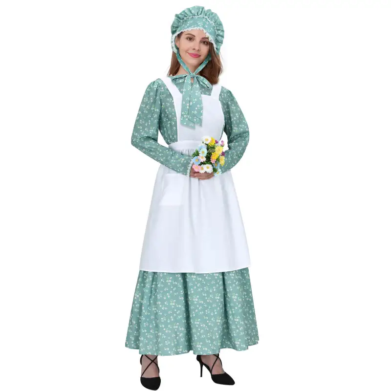 Adult Colonial Pioneer Girl Fancy Dress With Hat Apron Women Village Farm Prairie Maiden Maid Halloween Cosplay Costumes 5 Colors Takerlama