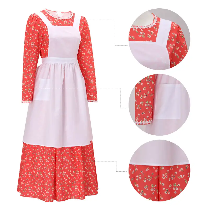 Women's Colonial Pioneer Girl Fancy Dress With Hat Apron Women Village Farm Prairie Maiden Maid Halloween Cosplay Costumes 5 Colors Takerlama