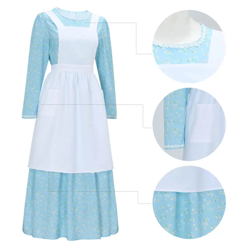 Women's Colonial Pioneer Girl Fancy Dress With Hat Apron Women Village Farm Prairie Maiden Maid Halloween Cosplay Costumes 5 Colors Takerlama