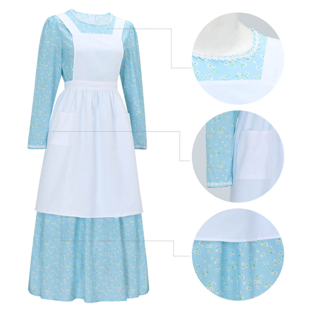 Women's Colonial Pioneer Girl Fancy Dress With Hat Apron Women Village Farm Prairie Maiden Maid Halloween Cosplay Costumes 5 Colors Takerlama