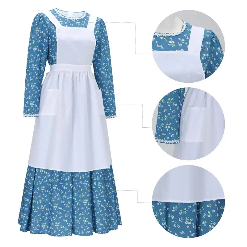 Adult Colonial Pioneer Girl Fancy Dress With Hat Apron Women Village Farm Prairie Maiden Maid Halloween Cosplay Costumes 5 Colors Takerlama