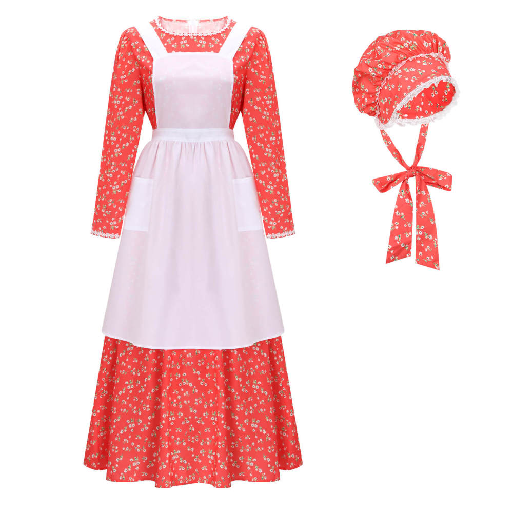 Women's Colonial Pioneer Girl Fancy Dress With Hat Apron Women Village Farm Prairie Maiden Maid Halloween Cosplay Costumes 5 Colors Takerlama