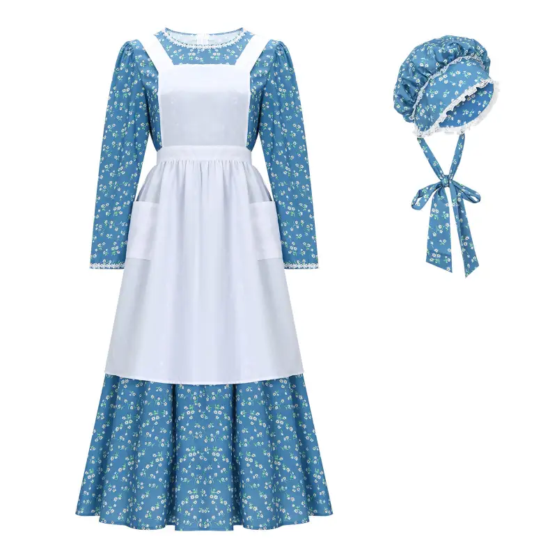 Adult Colonial Pioneer Girl Fancy Dress With Hat Apron Women Village Farm Prairie Maiden Maid Halloween Cosplay Costumes 5 Colors Takerlama