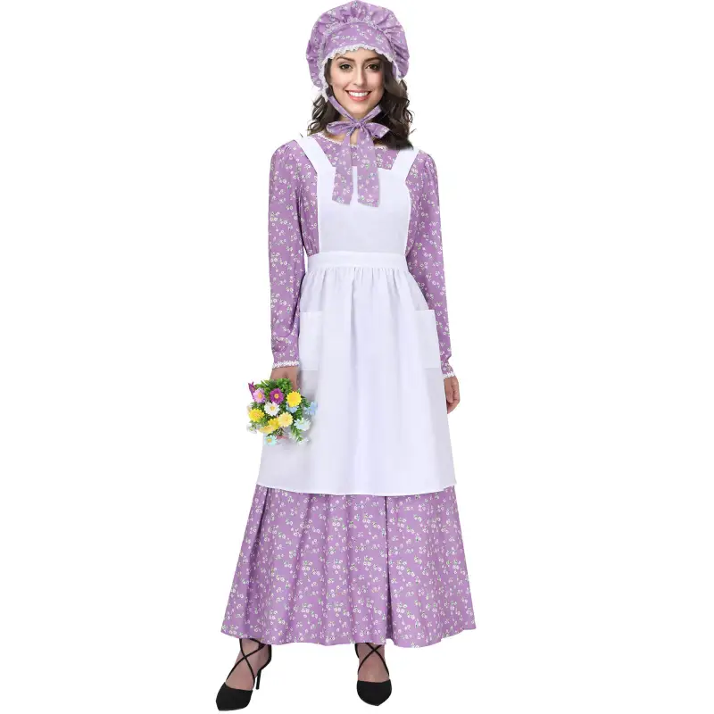 Adult Colonial Pioneer Girl Fancy Dress With Hat Apron Women Village Farm Prairie Maiden Maid Halloween Cosplay Costumes 5 Colors Takerlama