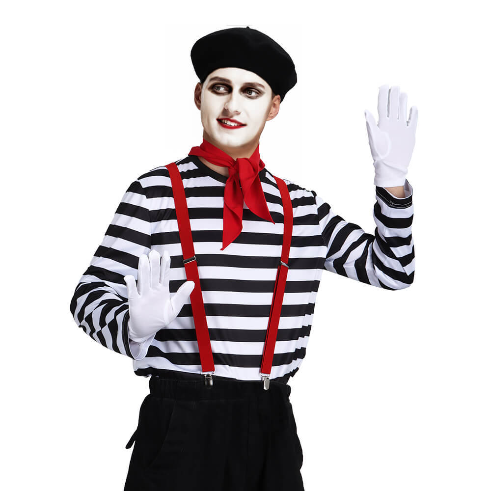 Men's French Mime Costume Mime Artist Silent Actor Clown Striped Halloween Outfits In Stock-Takerlama