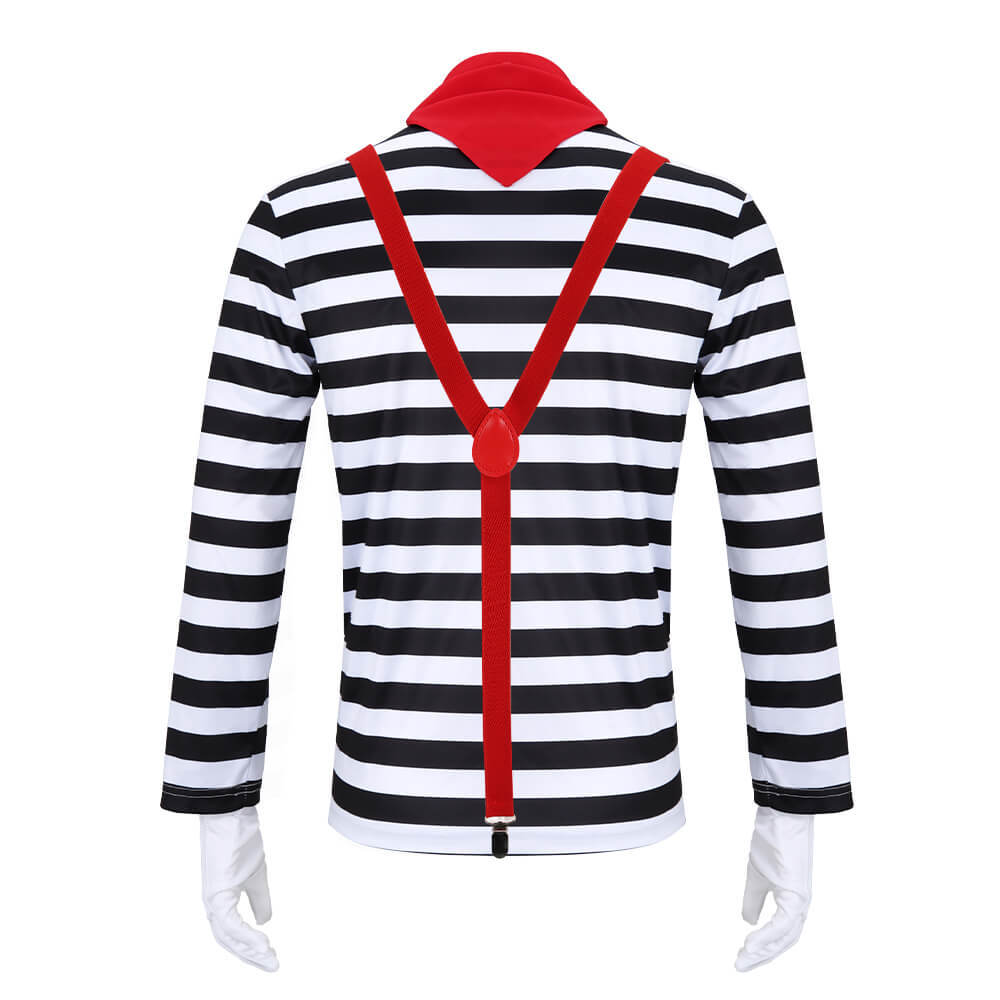 Men's French Mime Costume Mime Artist Silent Actor Clown Striped Halloween Outfits In Stock-Takerlama