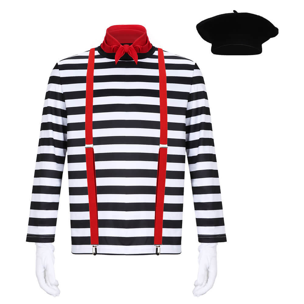 Men's French Mime Costume Mime Artist Silent Actor Clown Striped Halloween Outfits In Stock-Takerlama