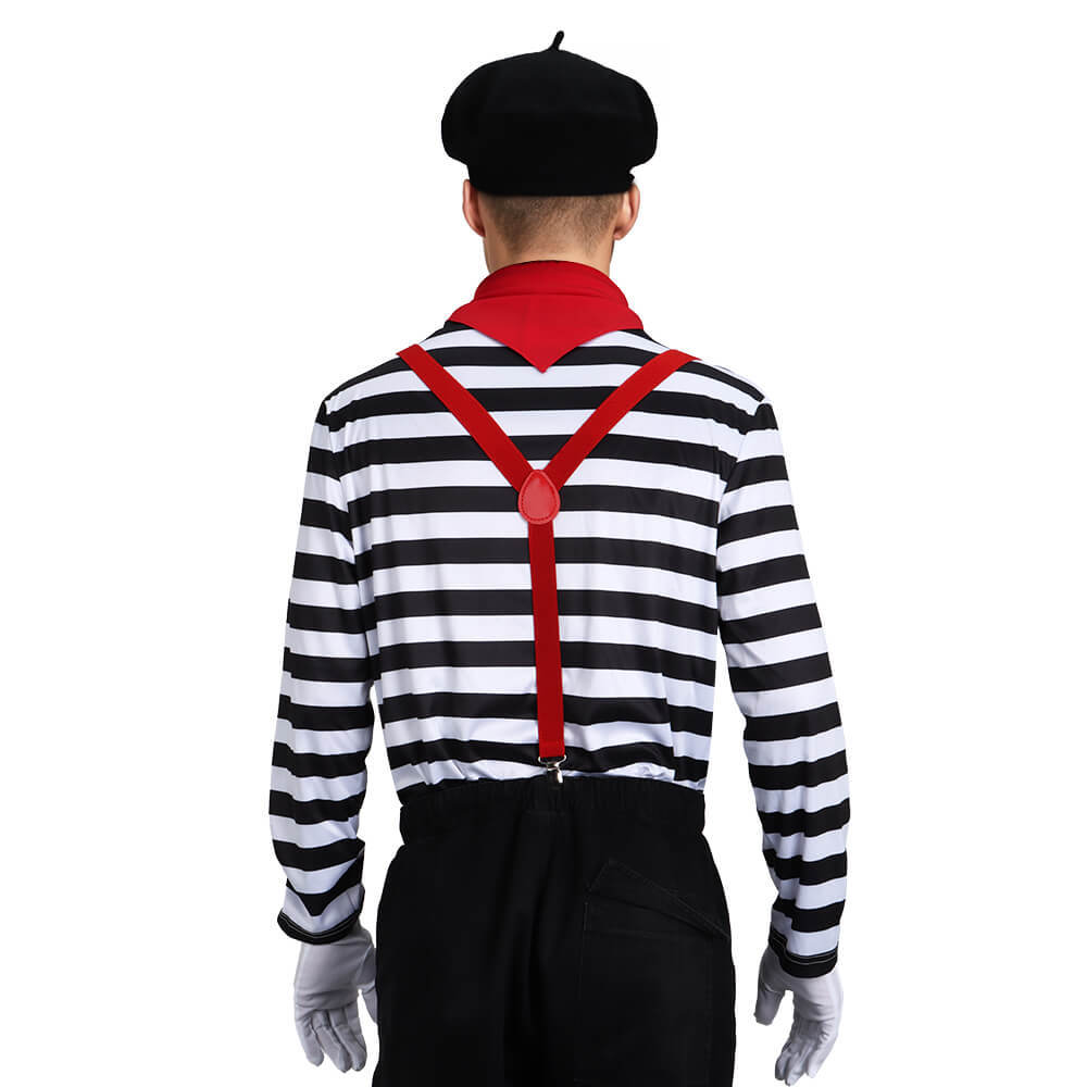 Men's French Mime Costume Mime Artist Silent Actor Clown Striped Halloween Outfits In Stock-Takerlama