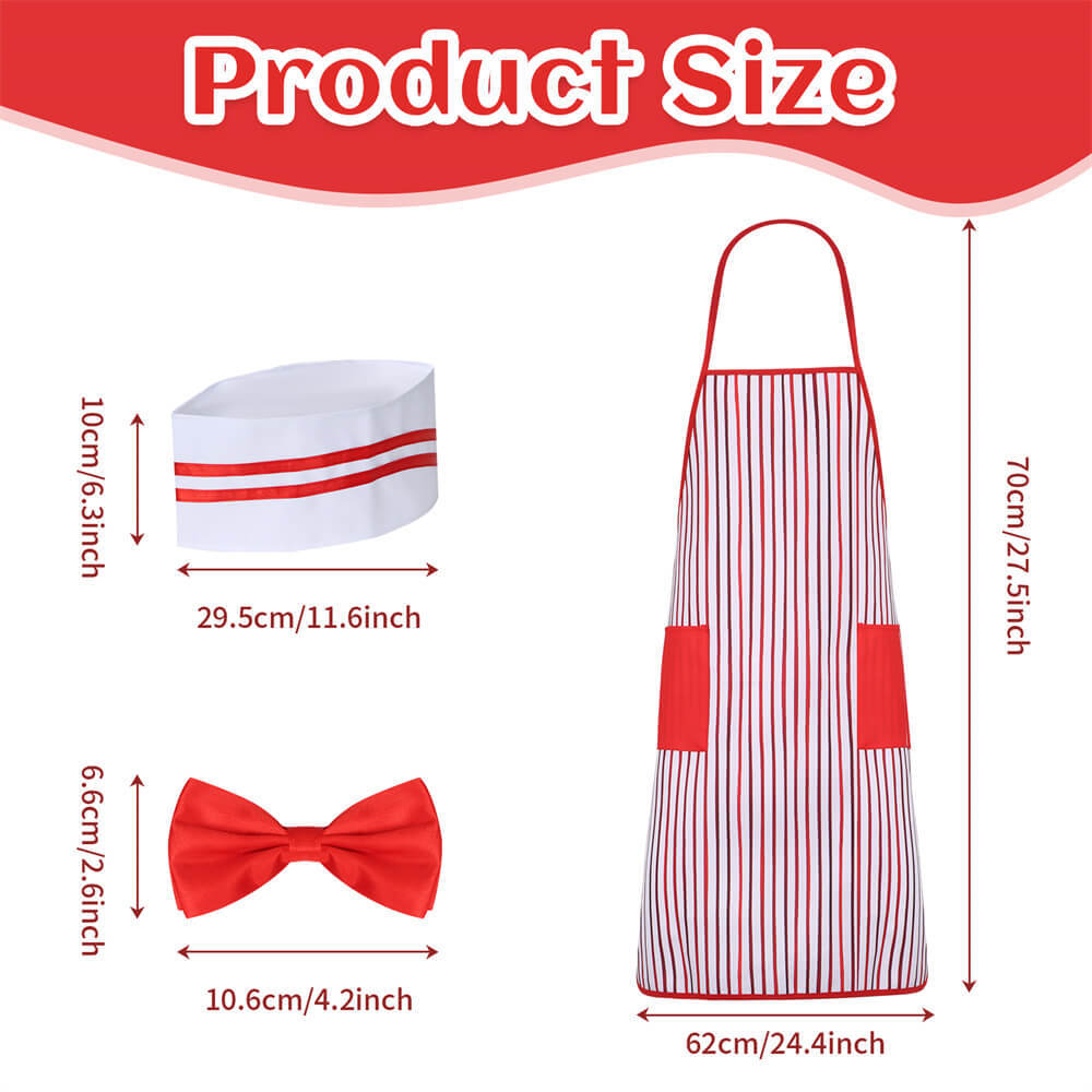 50s Waiter Cosplay Costume 4 Pcs Kits Carnivals Circus Theme Party Hot Dog Soda Jerk Movie Night Red and White Stripe Takerlama