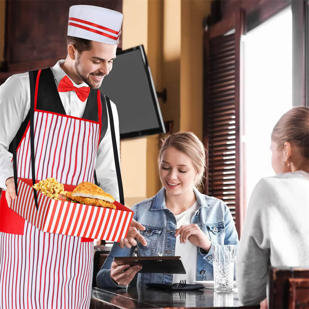 50s Waiter Cosplay Costume 4 Pcs Kits Carnivals Circus Theme Party Hot Dog Soda Jerk Movie Night Red and White Stripe Takerlama