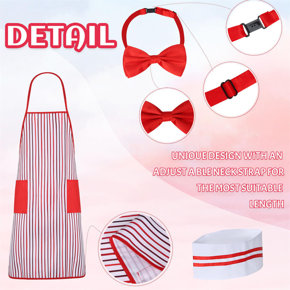 50s Waiter Cosplay Costume 4 Pcs Kits Carnivals Circus Theme Party Hot Dog Soda Jerk Movie Night Red and White Stripe Takerlama