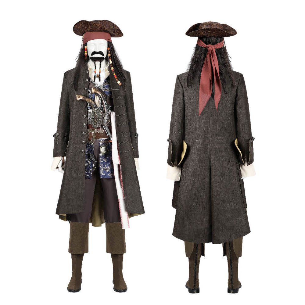 Captain Jack Sparrow Pirates of the Caribbean Halloween Cosplay Costume with Hat Wig Top Level Takerlama