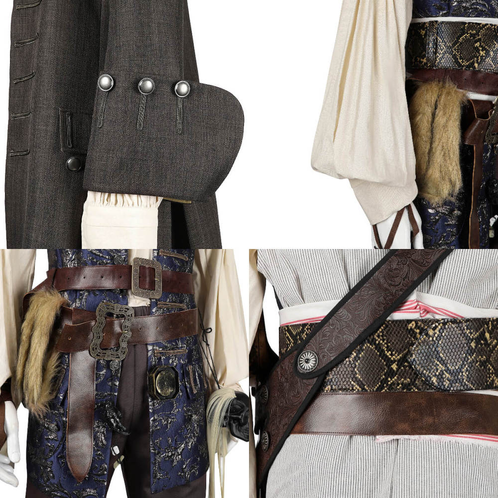 Captain Jack Sparrow Pirates of the Caribbean Halloween Cosplay Costume with Hat Wig Top Level Takerlama