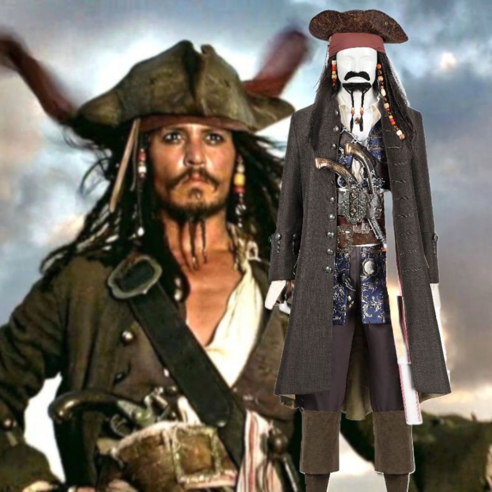 Captain Jack Sparrow Pirates of the Caribbean Halloween Cosplay Costume with Hat Wig Top Level Takerlama