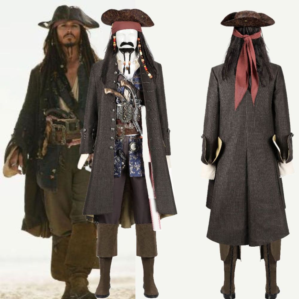Captain Jack Sparrow Pirates of the Caribbean Halloween Cosplay Costume with Hat Wig Top Level Takerlama