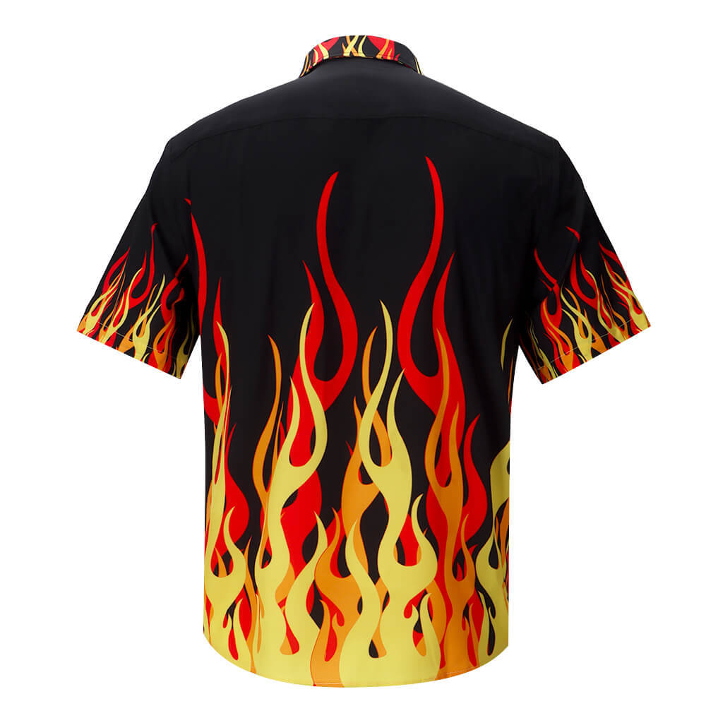 Guy Fieri Flame Button Down T-Shirt Men Chef Cosplay Costume ‘90s Fashion Necklace Glasses Takerlama