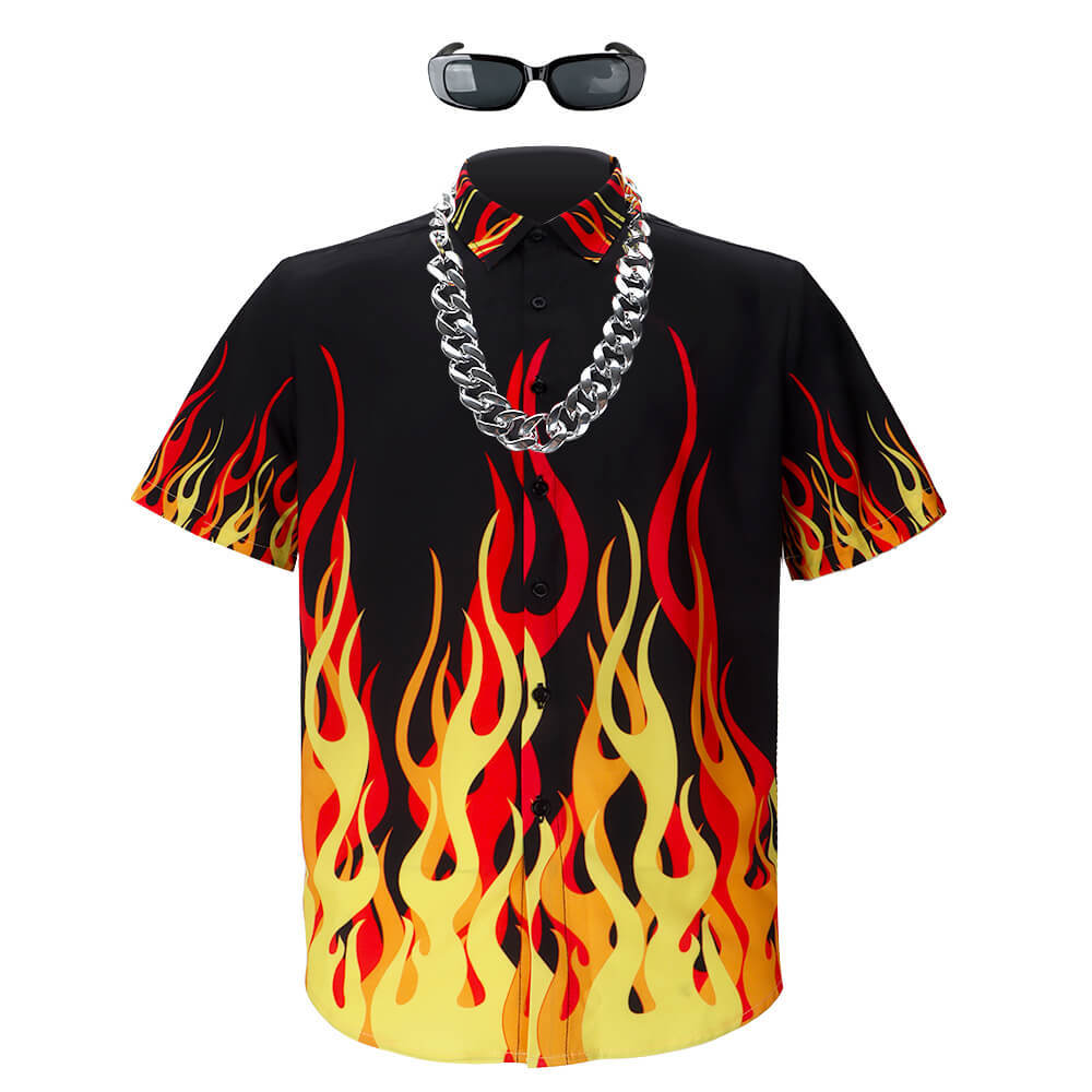 Guy Fieri Flame Button Down T-Shirt Men Chef Cosplay Costume ‘90s Fashion Necklace Glasses Takerlama