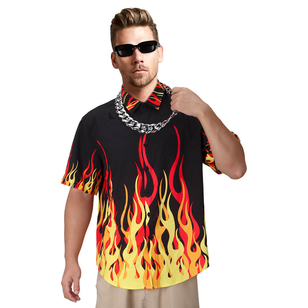 Guy Fieri Flame Button Down T-Shirt Men Chef Cosplay Costume ‘90s Fashion Necklace Glasses Takerlama
