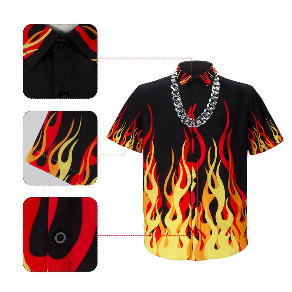 Guy Fieri Flame Button Down T-Shirt Men Chef Cosplay Costume ‘90s Fashion Necklace Glasses Takerlama