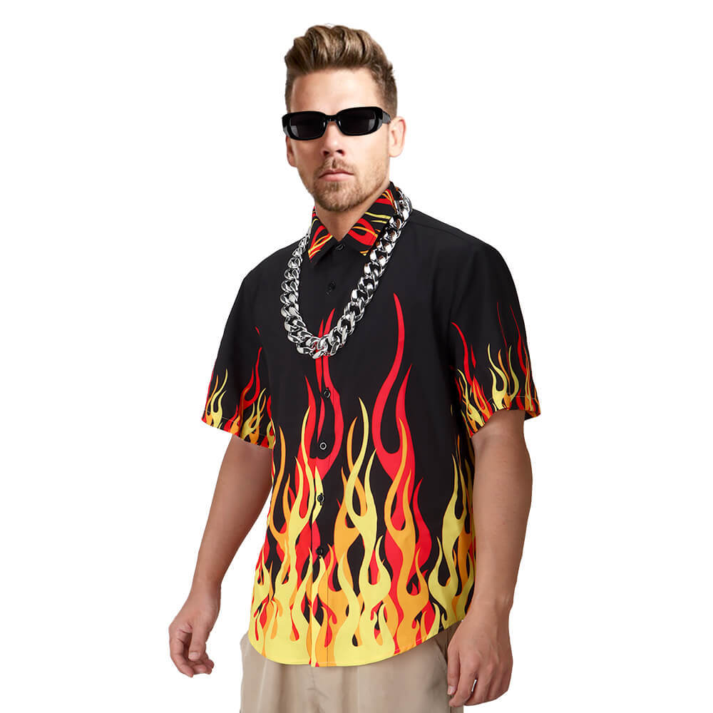 Guy Fieri Flame Button Down T-Shirt Men Chef Cosplay Costume ‘90s Fashion Necklace Glasses Takerlama