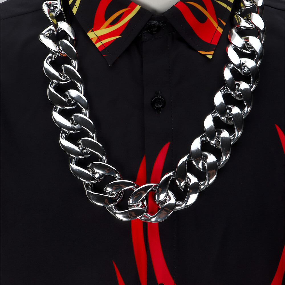 Guy Fieri Flame Button Down T-Shirt Men Chef Cosplay Costume ‘90s Fashion Necklace Glasses Takerlama
