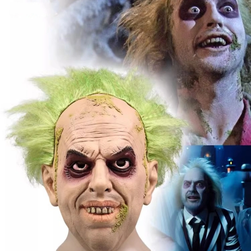 BeetleJuice Halloween Mask Wig Men's Betelgeuse Masquerade Cosplay Props Latex -Takerlama