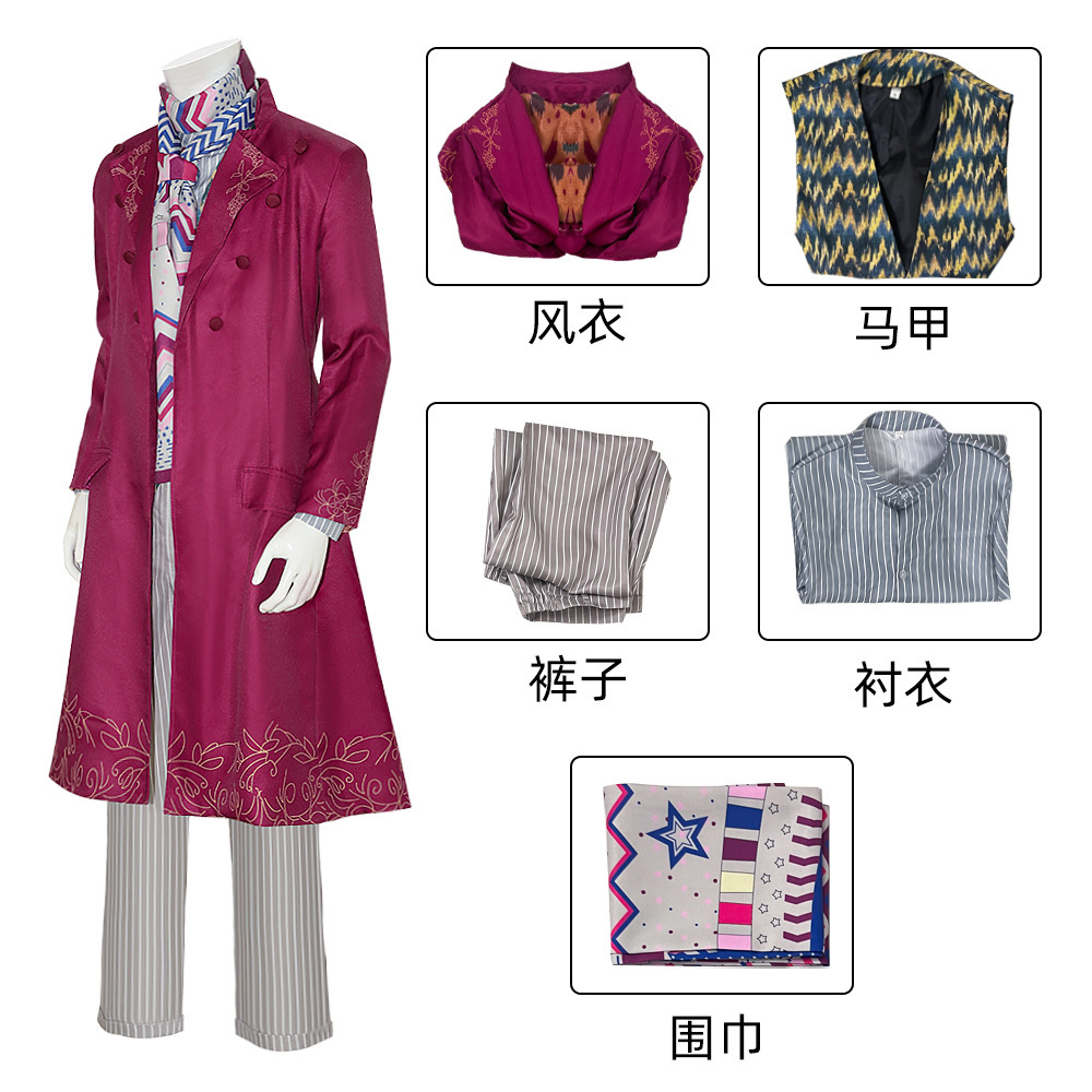 Willy Wonka Cosplay Costume Wonka 2023 Timothee Chalamet Red Overcoat Adults Kids Takerlama
