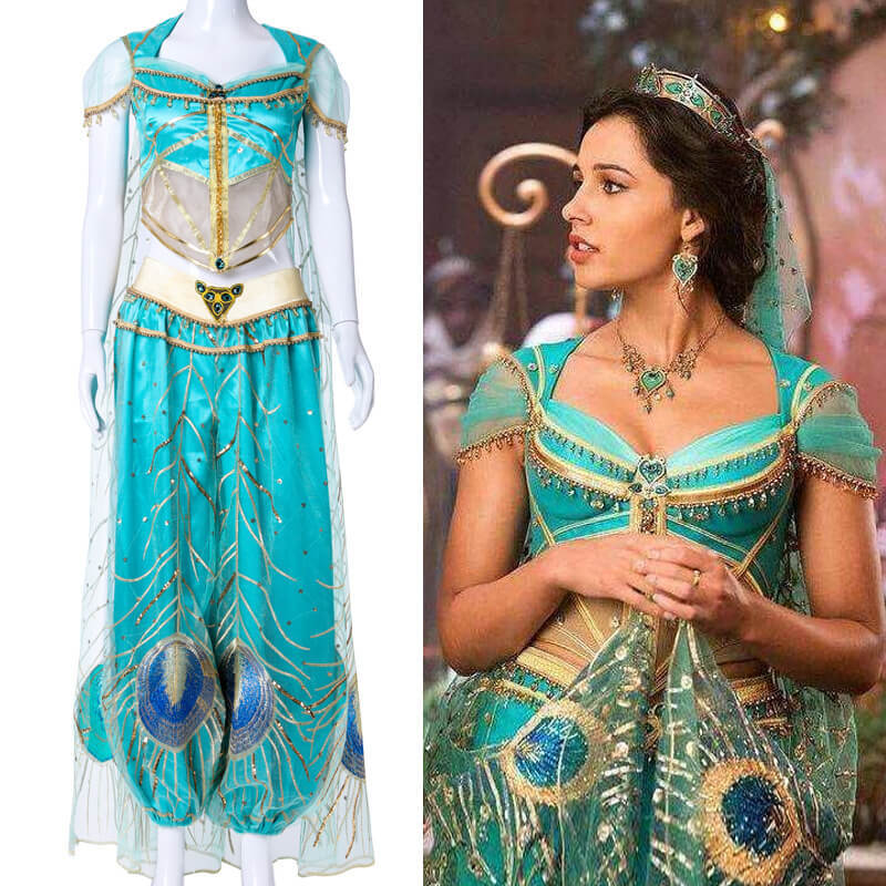 Aladdin Princess Jasmine Cosplay Costume Adult Kids Blue Fancy Dress Magic Lamp Takerlama