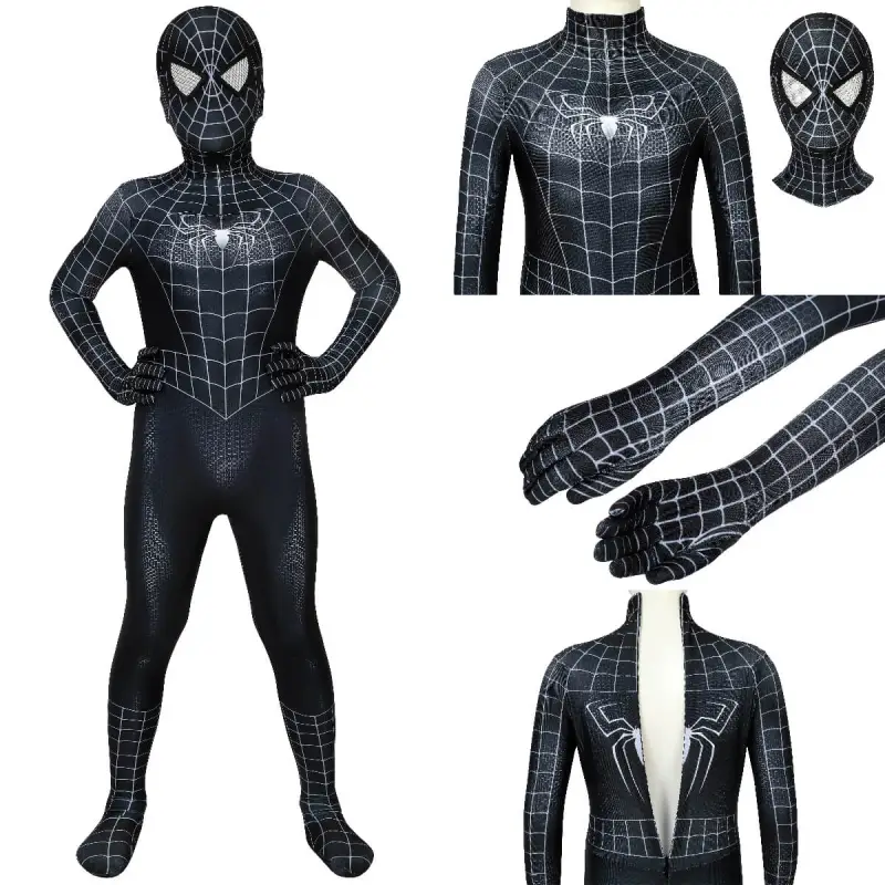 Kids Spider-Man 2 Symbiote Black Suit Cosplay Costume Peter Parker Jumpsuit Mask Takerlama