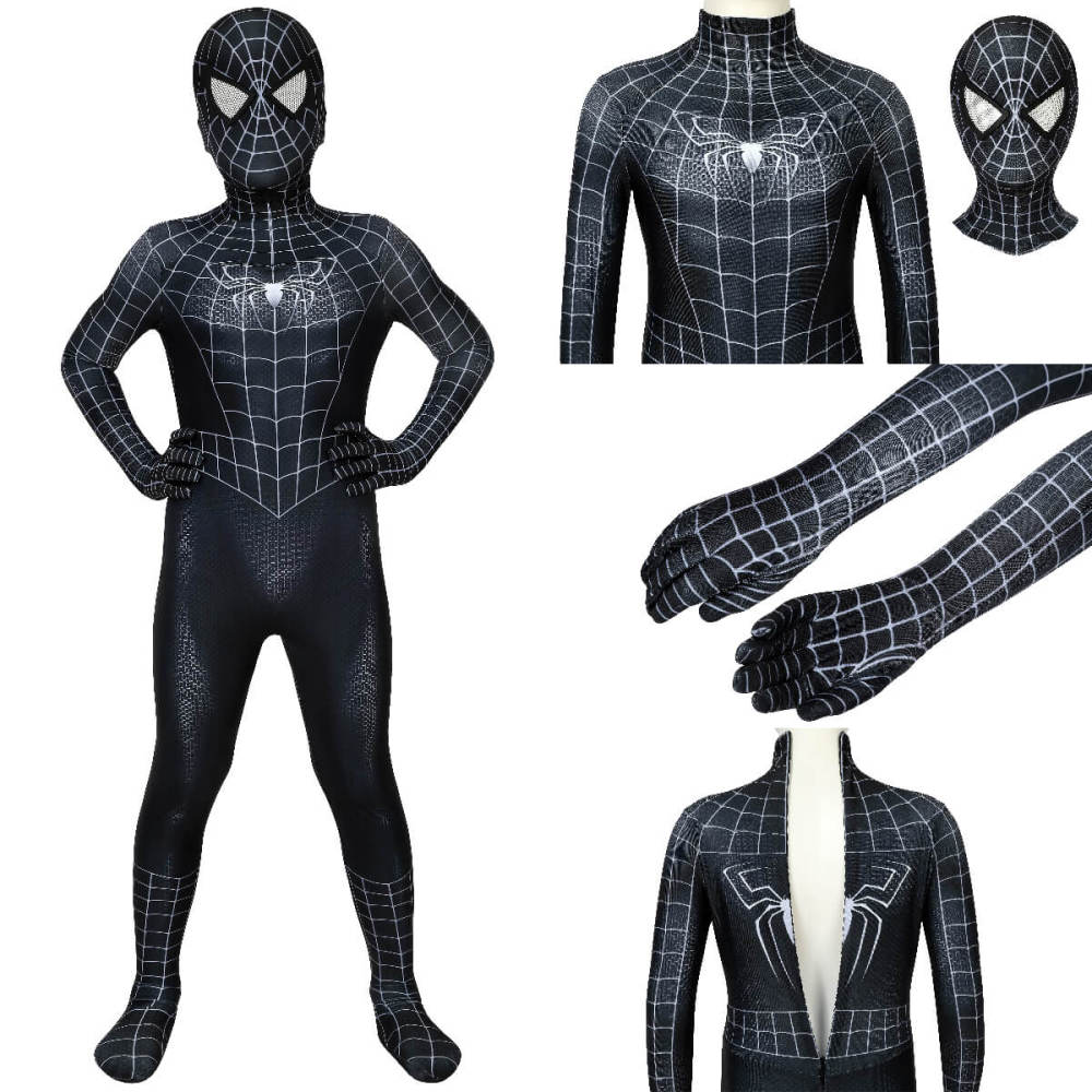 Kids Spider-Man 2 Symbiote Black Suit Cosplay Costume Peter Parker Jumpsuit Mask Takerlama