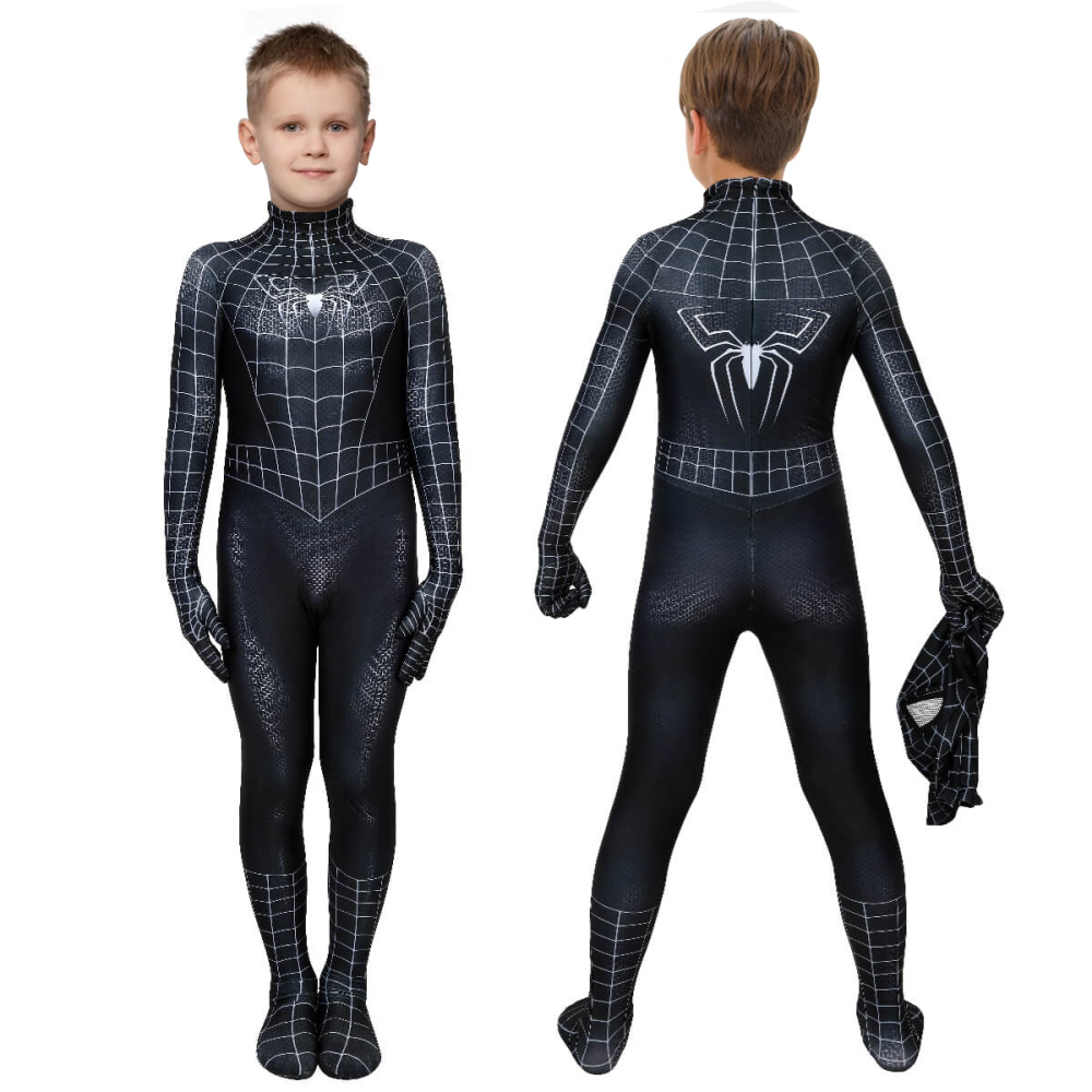 Kids Spider-Man 2 Symbiote Black Cosplay Suit Peter Parker Costume Jumpsuit Mask Takerlama