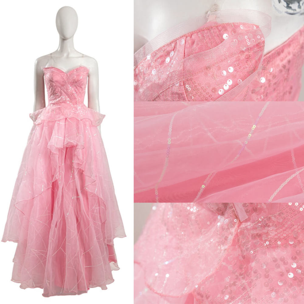 Wicked (2024) Glinda Cosplay Costume Pink Embroidered Organza Skirt Outfits Halloween Carnival Suit Takerlama