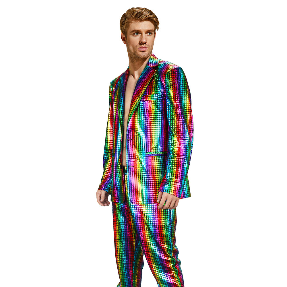 Men's Rainbow Disco Costume Party Cosplay Outfits 2 Piece Shiny 70s Glitter Stage Festival Host Suit Takerlama