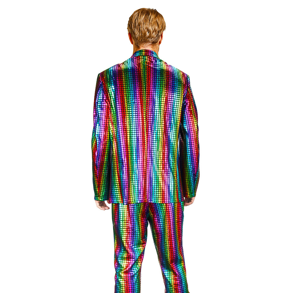 Men's Rainbow Disco Costume Party Cosplay Outfits 2 Piece Shiny 70s Glitter Stage Festival Host Suit Takerlama