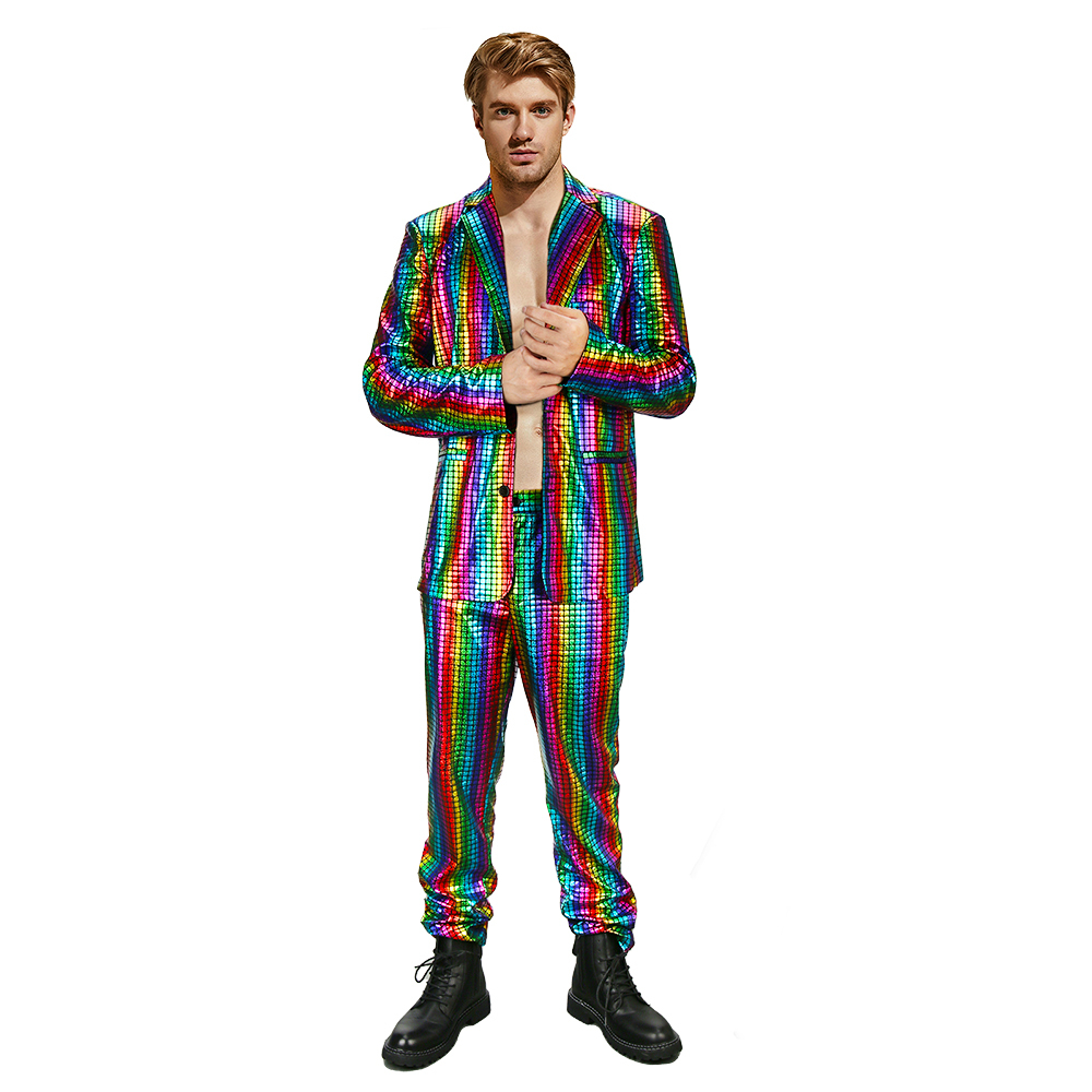 Men's Rainbow Disco Costume Party Cosplay Outfits 2 Piece Shiny 70s Glitter Stage Festival Host Suit Takerlama